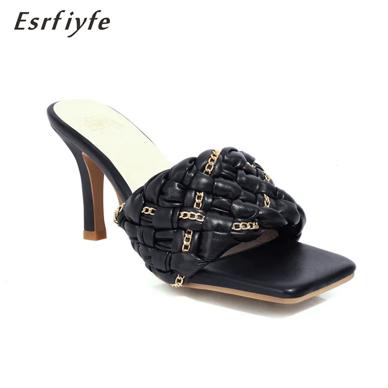 

ESRFIYFE 2021 New Summer Women Slippers Weaving High Heel Slippers Flip Flops Square Toe Outdoor Party Shoes Woman Large Size 15
