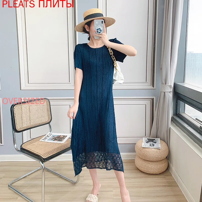 

Miyake/кружевное платье средней длины с вышивкой, круглый вырез, Летний Новый Стиль, светильник, роскошный дизайн, большие размеры, плиссирован...