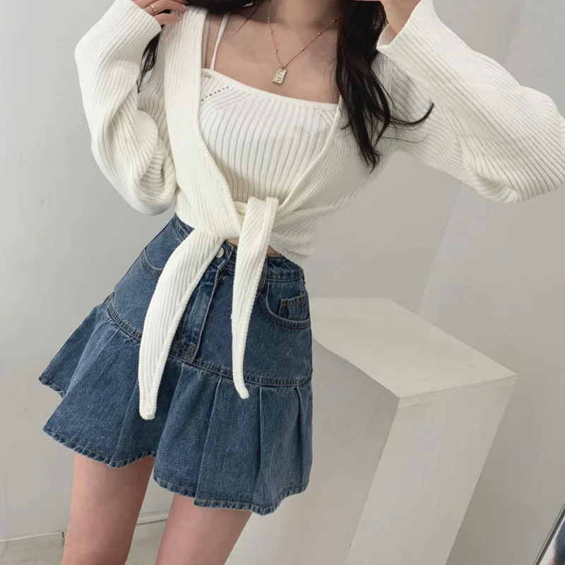 

Летняя тонкая элегантная синяя джинсовая юбка с высокой талией в стиле ретро, плиссированная юбка, трапециевидная юбка