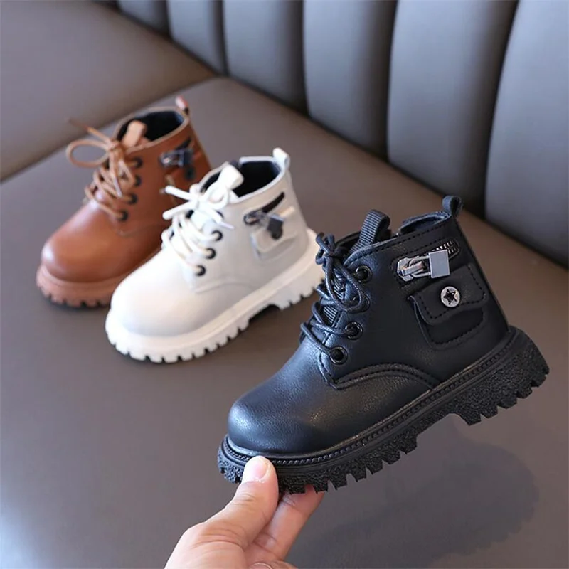 

Autumn winter new children Martin boots girls British low-top short boots boys Side pockets zipper fashion single leather boots