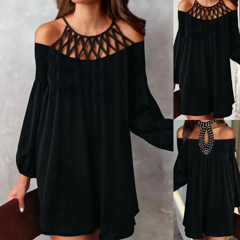 

Платье-рубашка женское весеннее однотонное с длинным рукавом и открытыми плечами