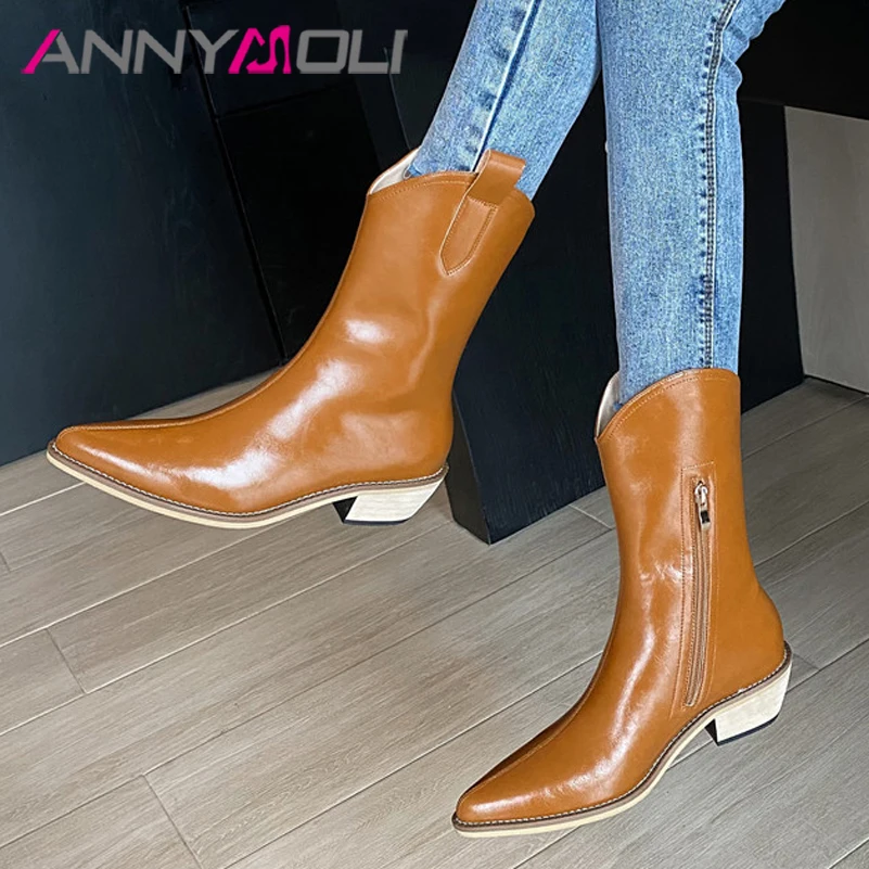 

ANNYMOLI Pointed Toe Mid Heel Western Boots Women Real Leather Mid Calf Boots Chunky Heel Shoes Zip Female Boots Brown Size 40