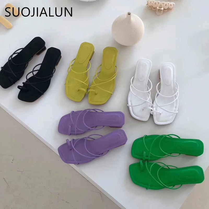 Шлепанцы SUOJIALUN женские с узкими ремешками сланцы низкий каблук корейские
