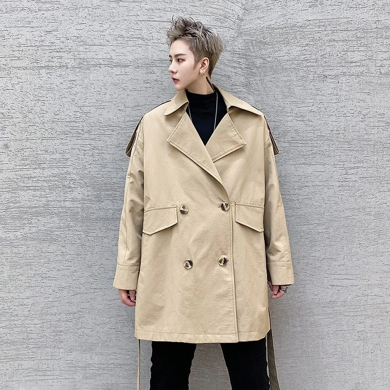 Тренч мужской двубортный средней длины модный длинный плащ цвета хаки