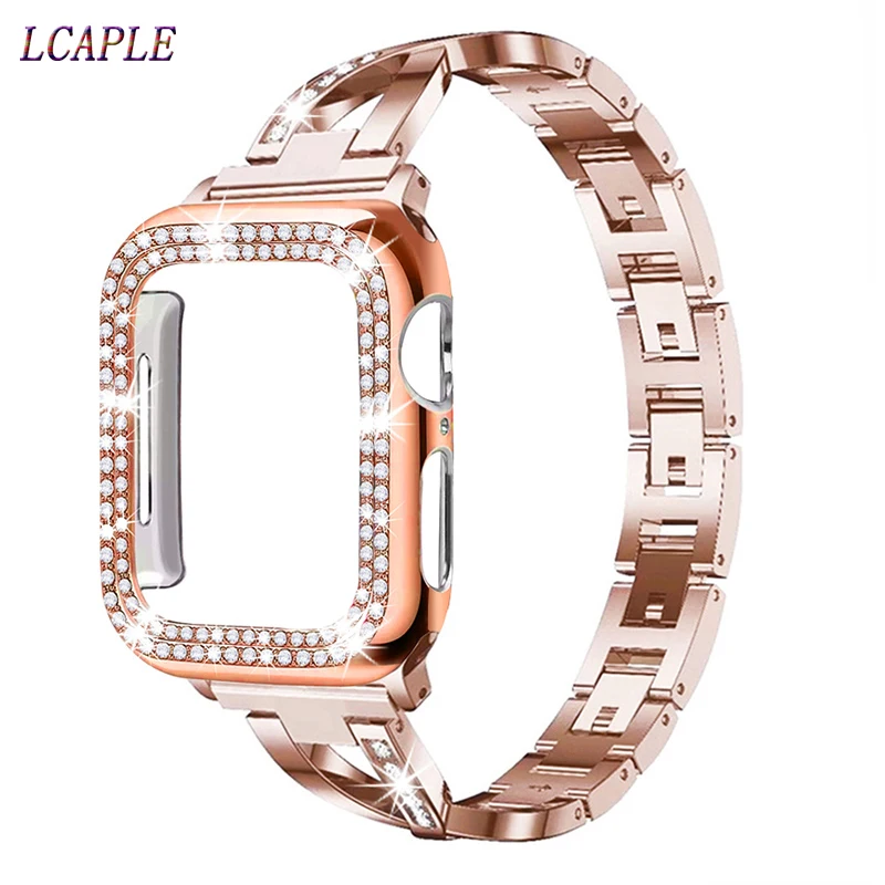

Case+Strap for apple watch band 44mm 40mm stainless steel belt iwatch 42mm 38mm+diamond case for apple watch 5 4 3 se 6