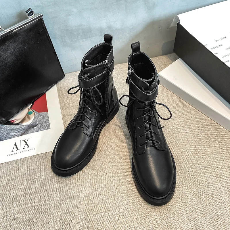 

Genuine Cow Leather Martin boots thick-soled flat-heeled boots 2020 autumn British style round toe ankle boots women's