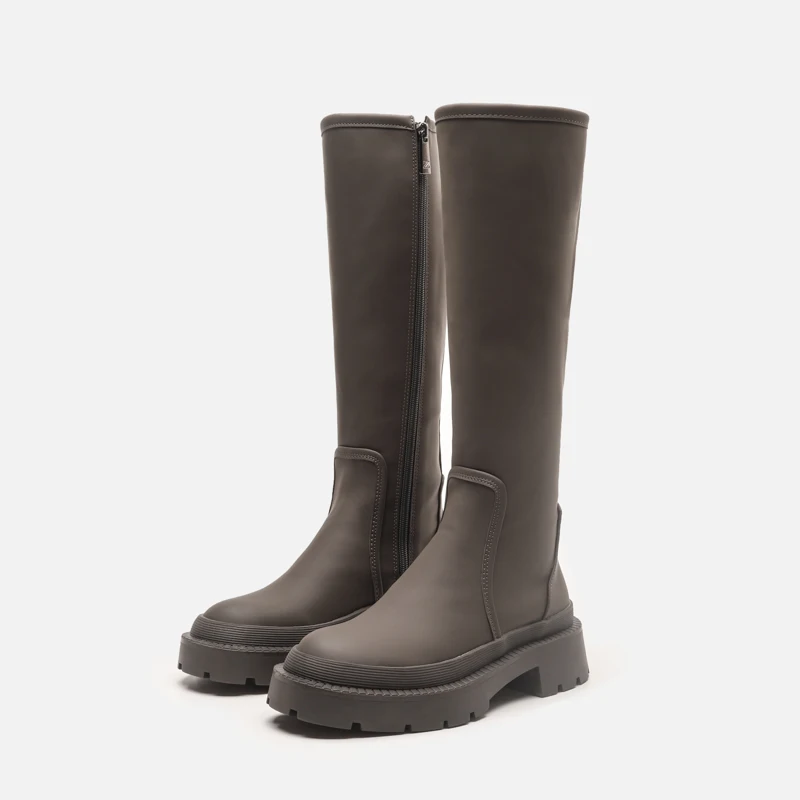 

French Minority Long Biker Boots Women's 2021 New Khaki Green Platform Thin High Tube Rain Boots