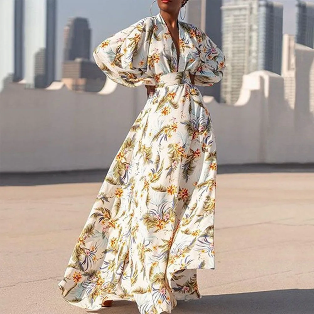 

Autumn New 2021 Western Style Dress Women Fashion Temperament High Waist Printing V-neck Long Sleeve Sexy Long Dress