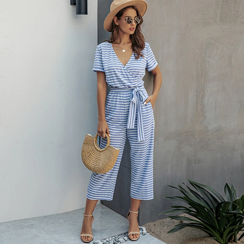 

Summer Striped Print Jumpsuits Woman Sexy V-neck Short Sleeve Sashes Fashion Playsuit Casual Slim Wide Leg Rompers Lady Overalls