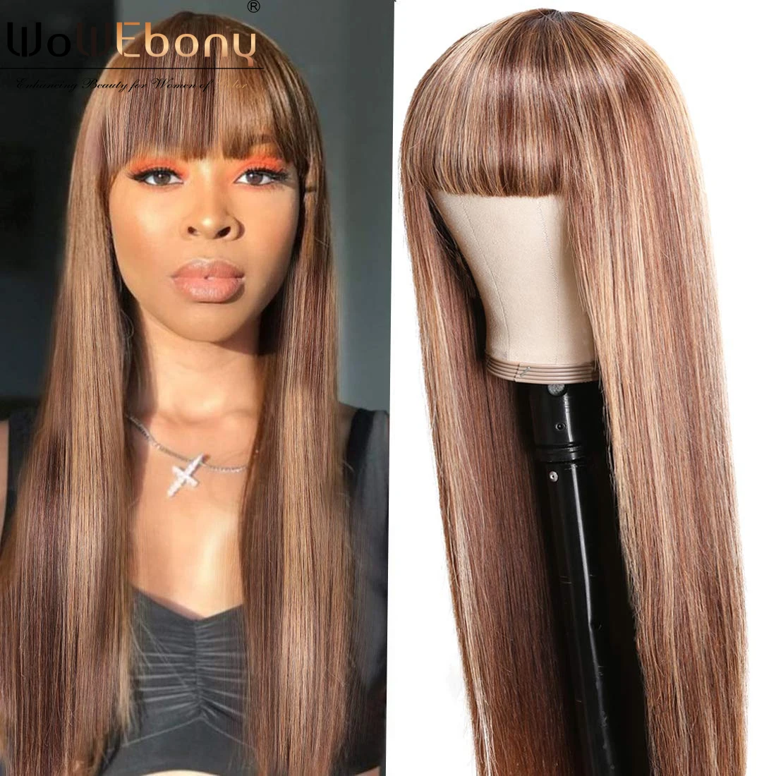 

Highlight brown blonde human hair wigs with bangs 4/12/27 honey blonde ombre colored straight human hair bangs wigs 250 density