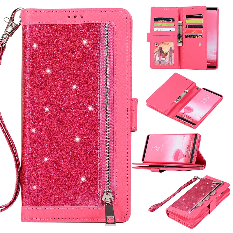 Блестящий кожаный чехол на молнии для телефона Samsung Note 10 Plus S8 S9 S10 откидной Чехол