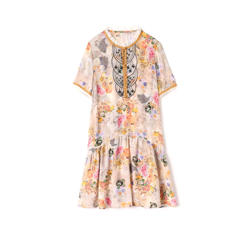 

100% Women's Runway Dresses O Neck Ruffles Short Sleeves Embroidrey Lace Patchwork Printed Fashion Floral Dresses