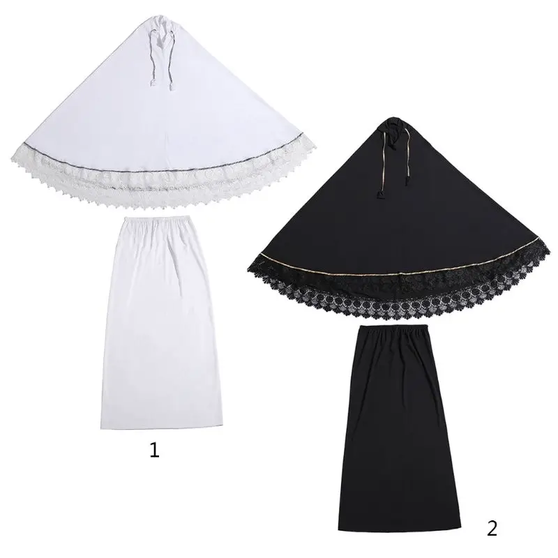 

2pcs Muslim Women Traditional Robe Abaya Dress Double Layer Large Scale Mosque Lace Trim Gown Islamic Prayer Sets