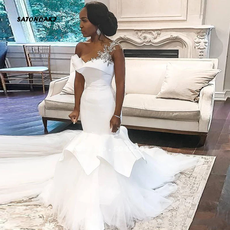 

2020 Arabic Plus Size Mermaid Wedding Dresses One Shoulder Bridal Gown Beaded Long Train Vestido De Novia Robe Mariage Undefined