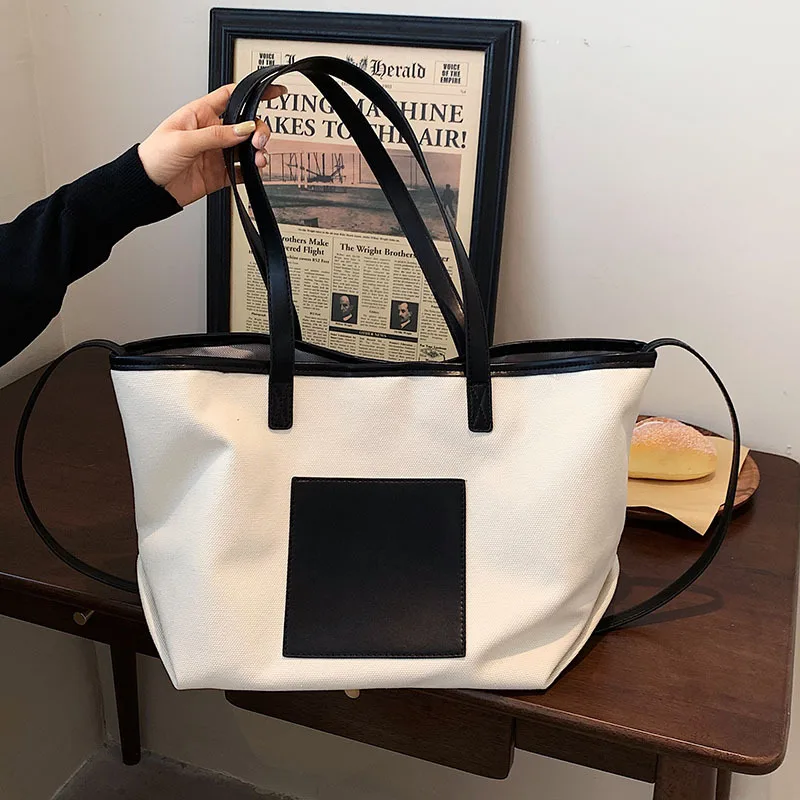 

Casual Canvas Leather Splice Women Shoulder Bag Large Capacity Linens Totes bags for women Luxury Pu Canvas Handbags Shopper bag
