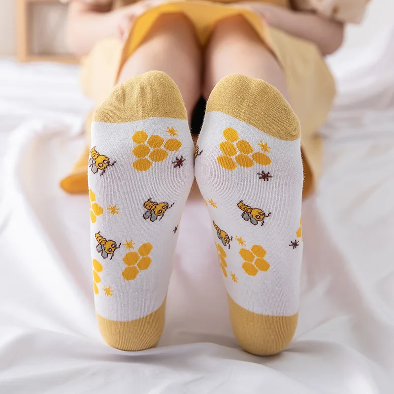 5Pair Low Cut Women Socks Set Summer Thin Yellow Bee Cute Soft Breathable Cotton Socks Japanese Lattice Stripe Kawaii Calcetines