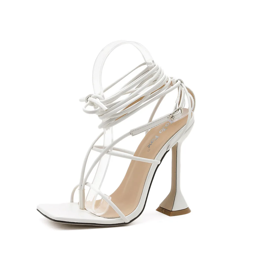 

Beige Heeled Sandals 2021 Women's Female Shoe Ankle Strap Large Size Square Toe Black Stiletto New Girls Sexy Comfort Big Fashi