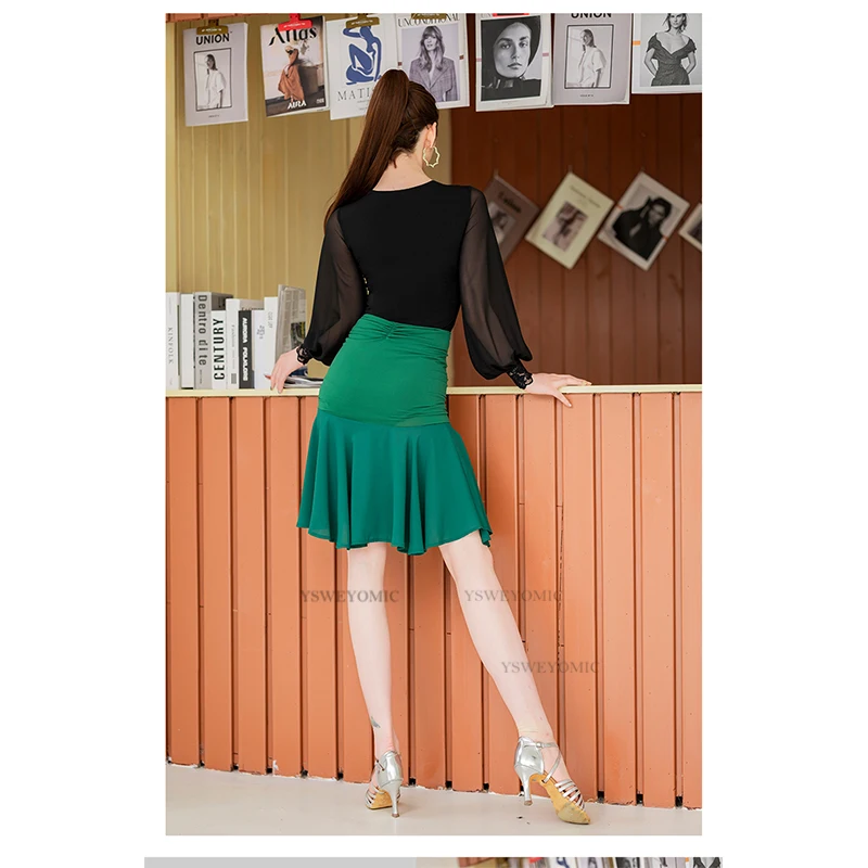 

2021 New Sexy Latin Dance Clothes Short Dress For Women Drawstring Skirt Black Green Practice Salsa Latin Dance Skirts For Lady