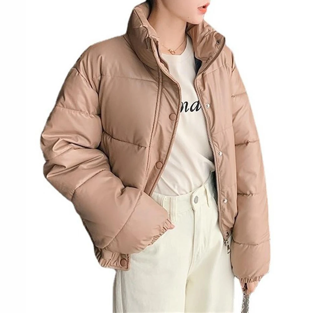 

Зимняя женская модная куртка, короткое корейское пальто, теплая верхняя одежда со стоячим воротником, однотонный Повседневный Свободный То...