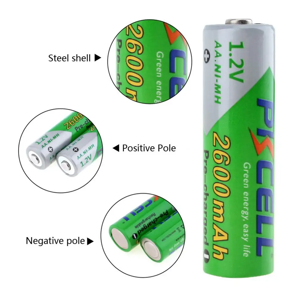 Pkcell 4pcs 1.2V AA R6 Ni-Mh 2600mAh LSD Rechargeable Batteries High Capacity Pre charged Set With 1200 Cycle | Электроника