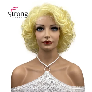 StrongBeauty Золотой Блонд кружевной парик Короткие вьющиеся синтетические кружевные передние парики термостойкие