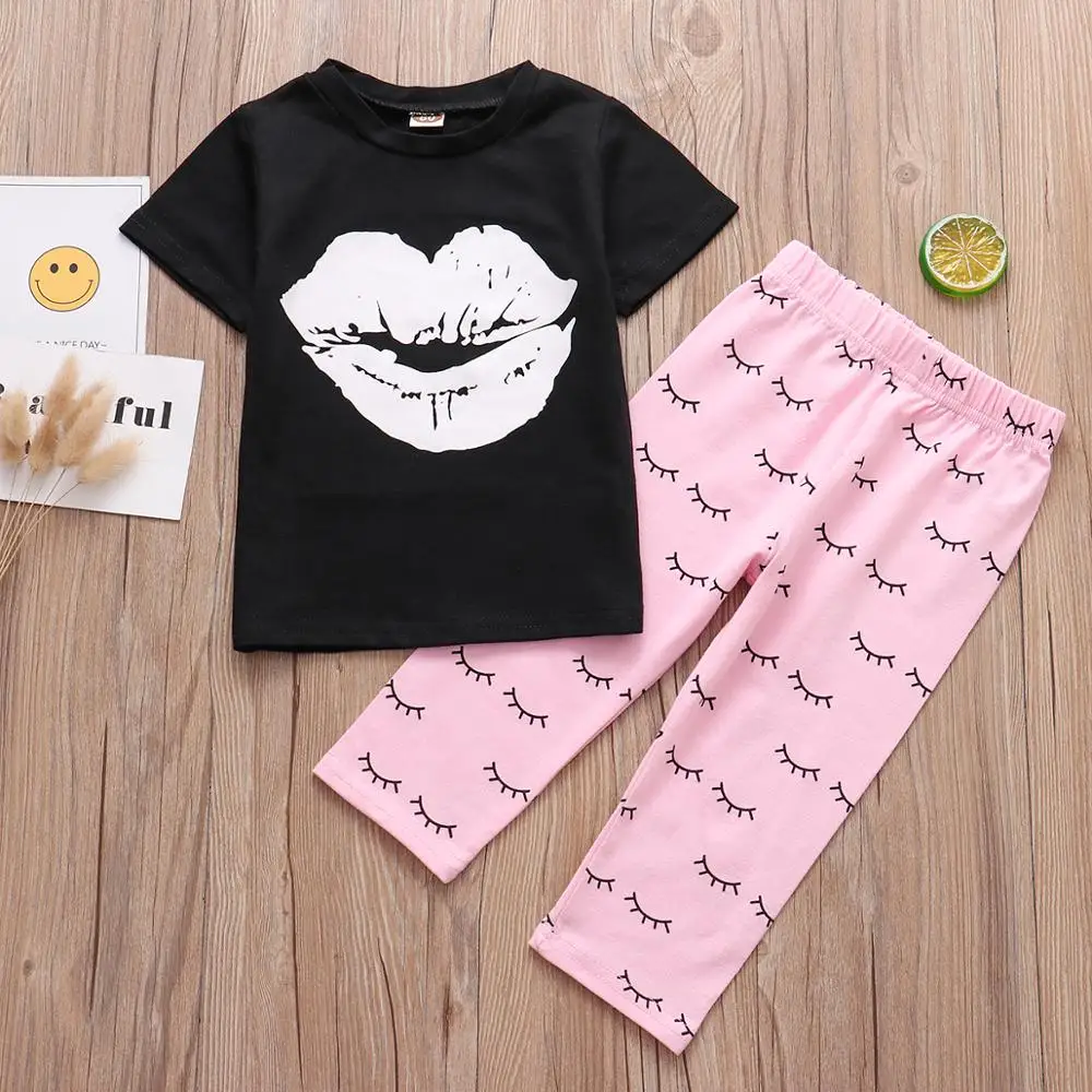 

Kids Baby Girls Clothes Set 2020 Summer Lips T-shirt+Eyelash Pink Pants 2PCS Toddler Infant Baby Girl Clothing Outfits 3M/6M-5T