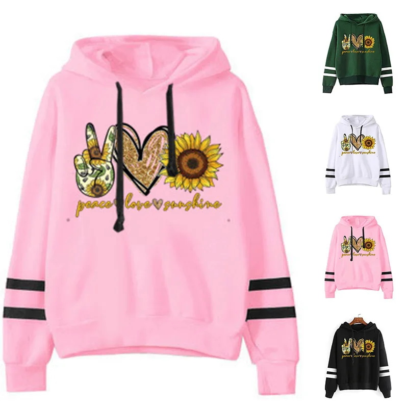 

Women Hoodie Peace Love Sunshine Printed Hoodies Women Double Striped Long Sleeve Fleece Sweatshirt with Hat Girls Pullovers