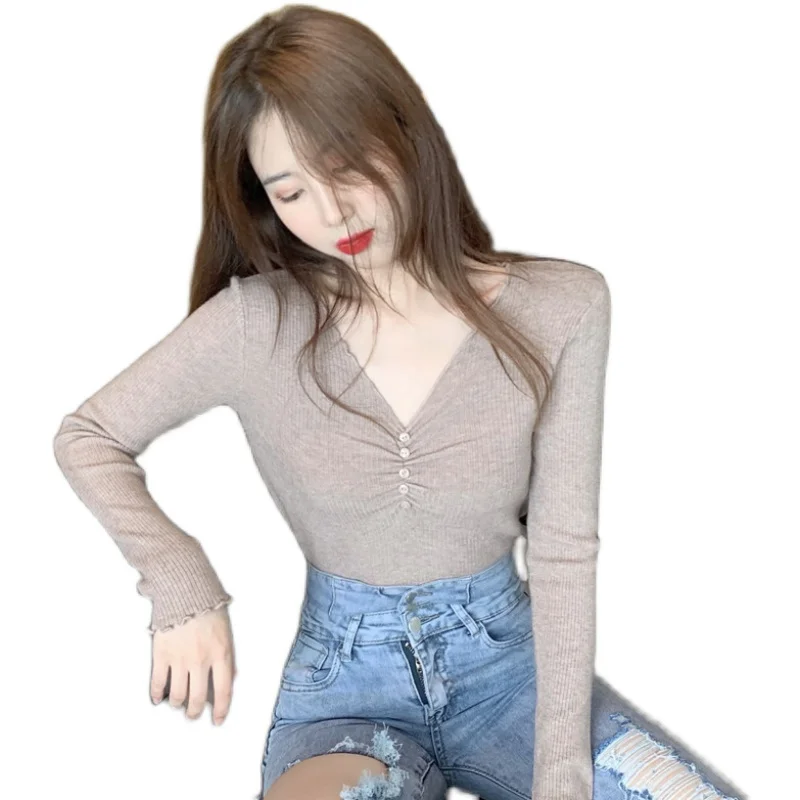 

Early autumn han edition chic new web celebrity joker sexy collarbone smoke plait v-neck women sweater knitting render unlined u