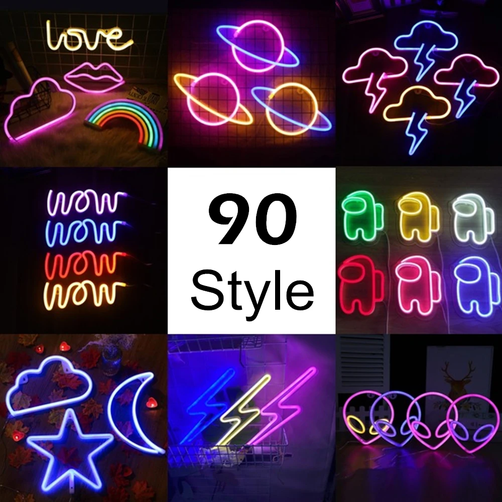 

Wholesale 90 Styles Neon Light Lightning LED Wall Lights Battery & USB Powered Party Wedding Home Decor Kids Room Night Lights
