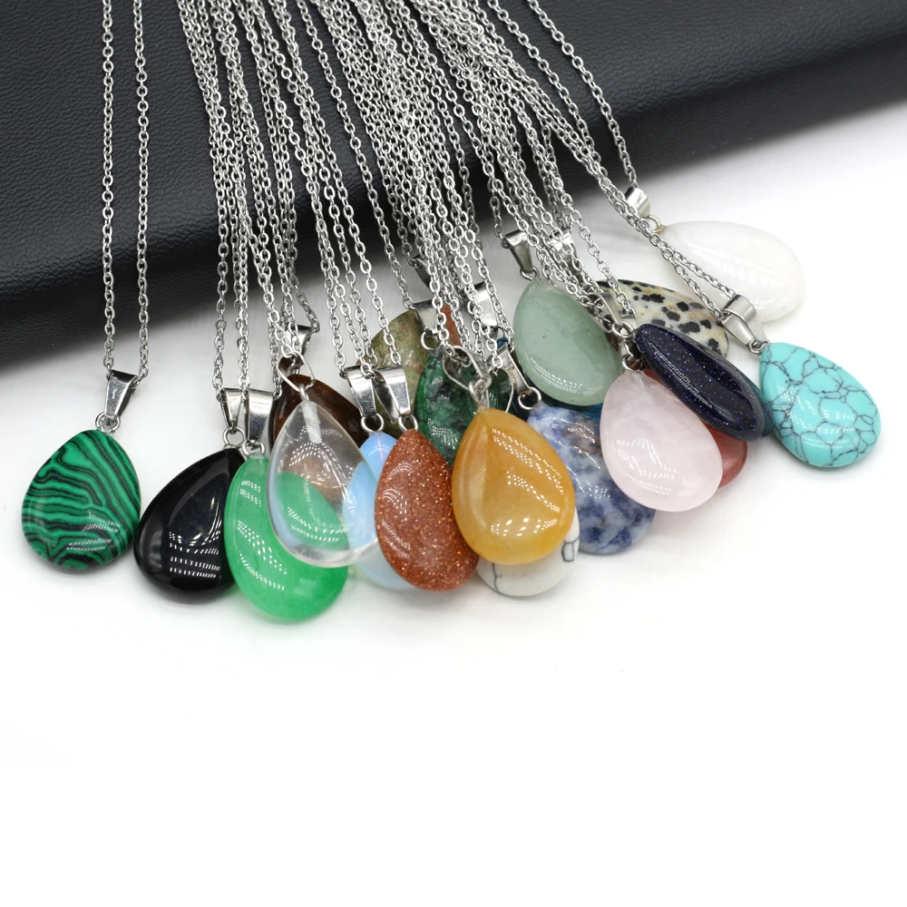 

New Drop-Shaped Necklace Natural Stone Malachite Agate Opal Rose Quartz Pendant Necklace for Ms Party Wedding Jewelry Gift