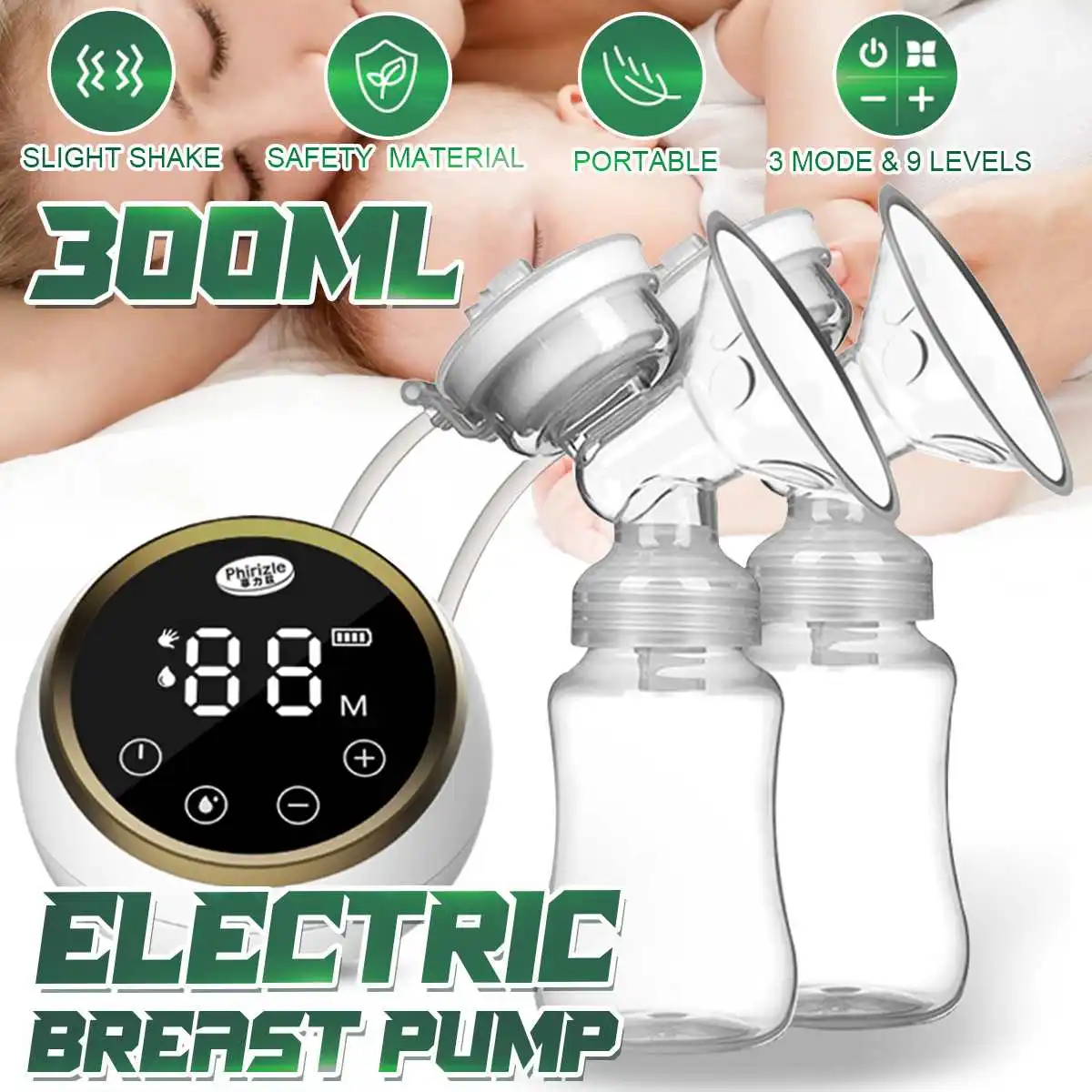 

Bilateral Electric Breast Pump 27 Gears Adjustable BPA Free Protable Dual Breastfeeding Milk Pump With Night Light Touch Screen