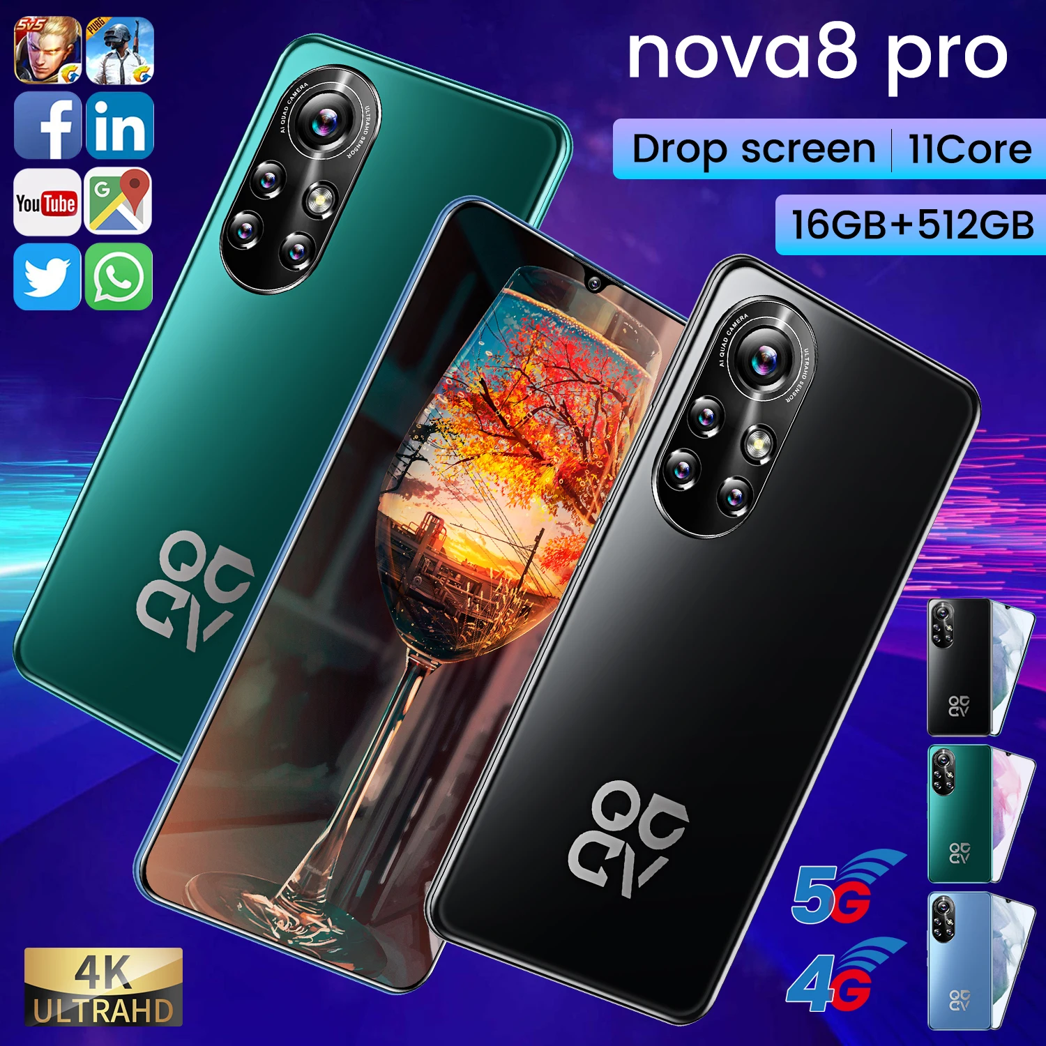 

2021 NEW Nova8 pro 6.8 Inch 10 Core Smartphone Cell Phone 2280*3200 16GB+512GB 24MP+48MP 6500Amh Andriod 11 Cell Phone