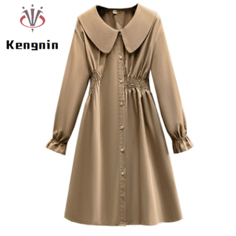 

Loose Plus Size 4XL Women Shirts Dresses 2022 Spring Female Pleated Black Dress Khaki Causal Elastic Waist Lady Dress KE2035
