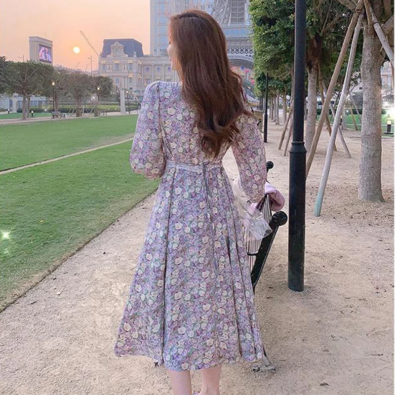 

2021 Summer Sweet One Piece Dress Korean V-Neck Long Sleeve Midi Dress Women Causal Elegant Party Floral Dress Female Design Y2k
