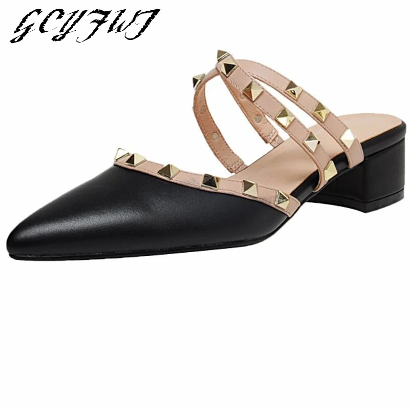 

Women Slippers Pointed Toe Rivet Slip-on Mid Heel Shallow Breathable Female Shoes Summer Outdoor Banquet Sweet Sandalias Women