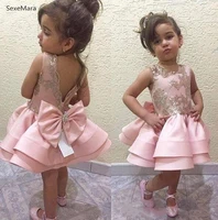 baby girls clothes pink satin lace o neck little girls toddler infant clothes kids birthday party dress with bow