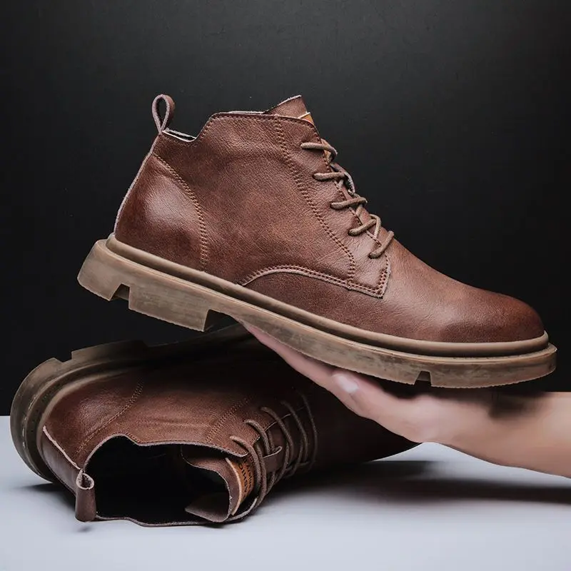 

New Fashion Vintage Men Leather Shoes Casual British Handmade Tooling Ankle Boots Round Toe Lace-Up Military Desert Boots