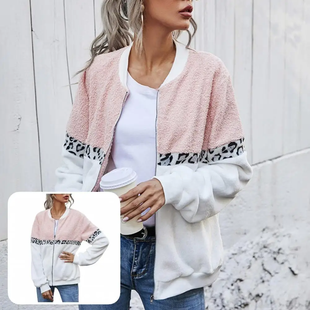 

Autumn Jacket Leopard Patchwork Women O Neck Leopard Patchwork Zipper Coat Women Coat for Travel