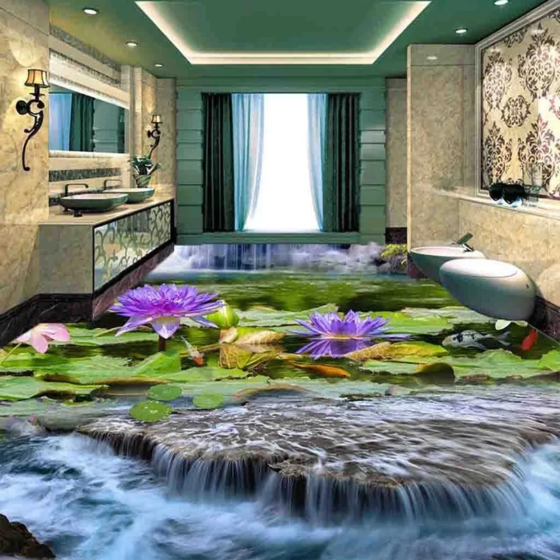 

Custom 3D Floor Mural Wallpaper Waterfall Lotus Fish Pond Bathroom Kitchen Floor Sticker Waterproof Self-adhesive Wall Decals