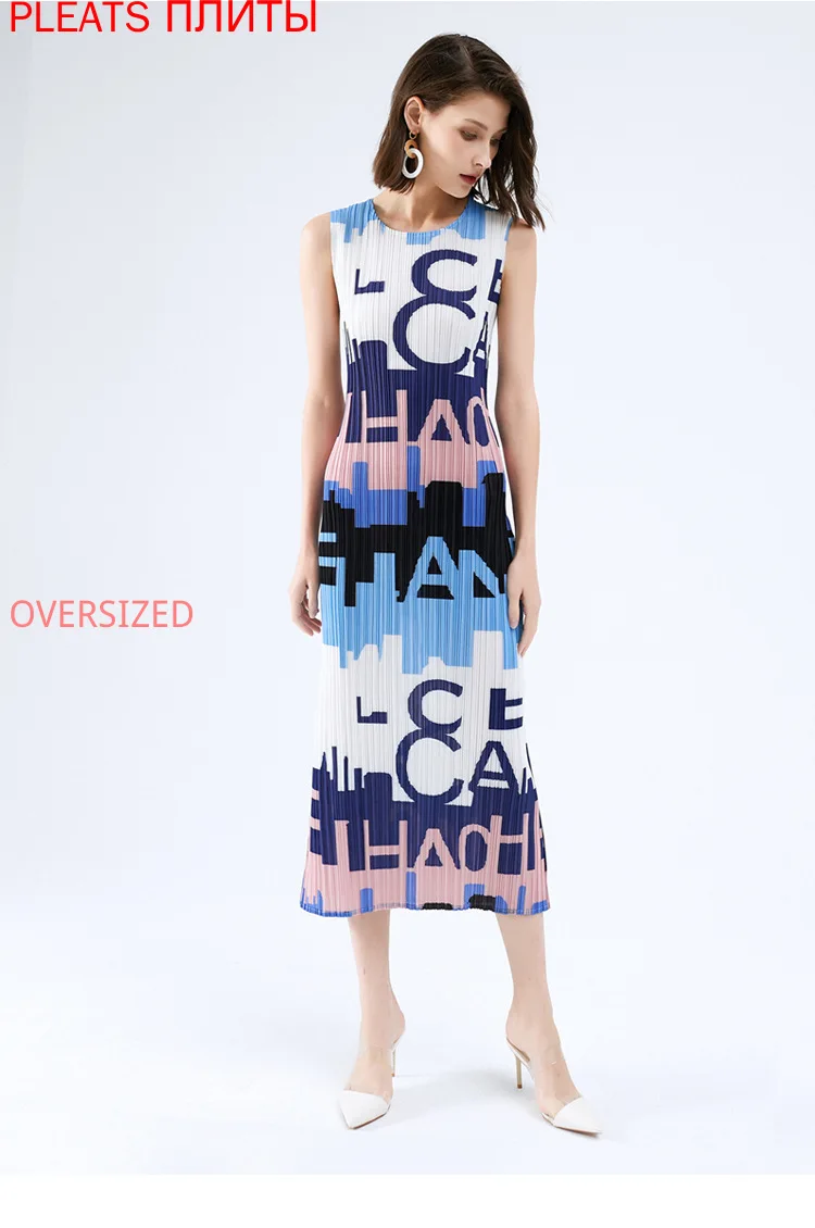 

Miyake Fold Women's Summer New Trendy Round Neck A-line Slim Letter Printed Dress Pleats Vestido Sleeveness