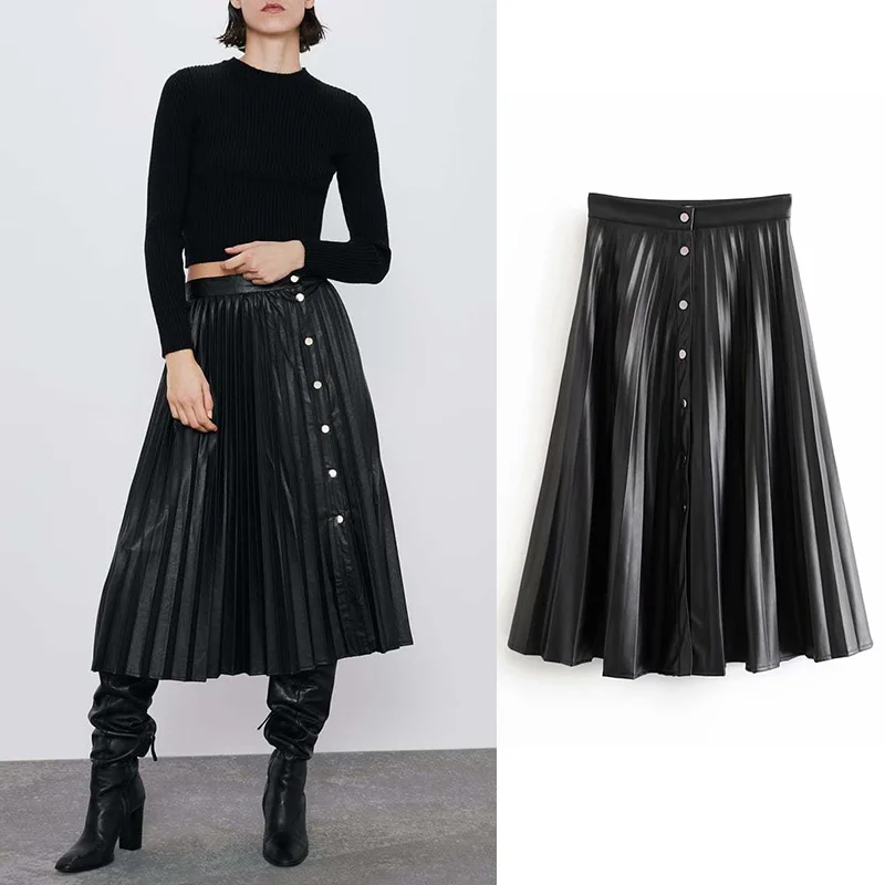 Za 2019 кожаная юбка плиссированные элегантные юбки женские faldas mujer moda pu kong