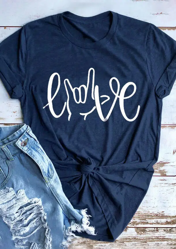 Женская футболка с круглым вырезом Love темно синяя модная одежда летние