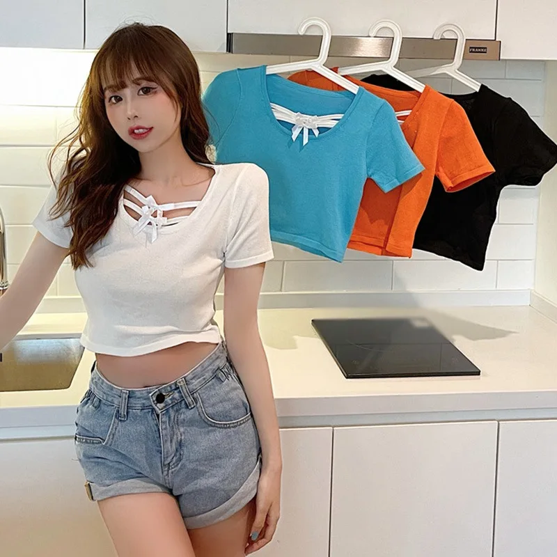 

Women's T Shirts U Neck Bow Slim Exposed Navel T-Shirts Solid Color Short Sleeve Knitted T-Shirt Tops