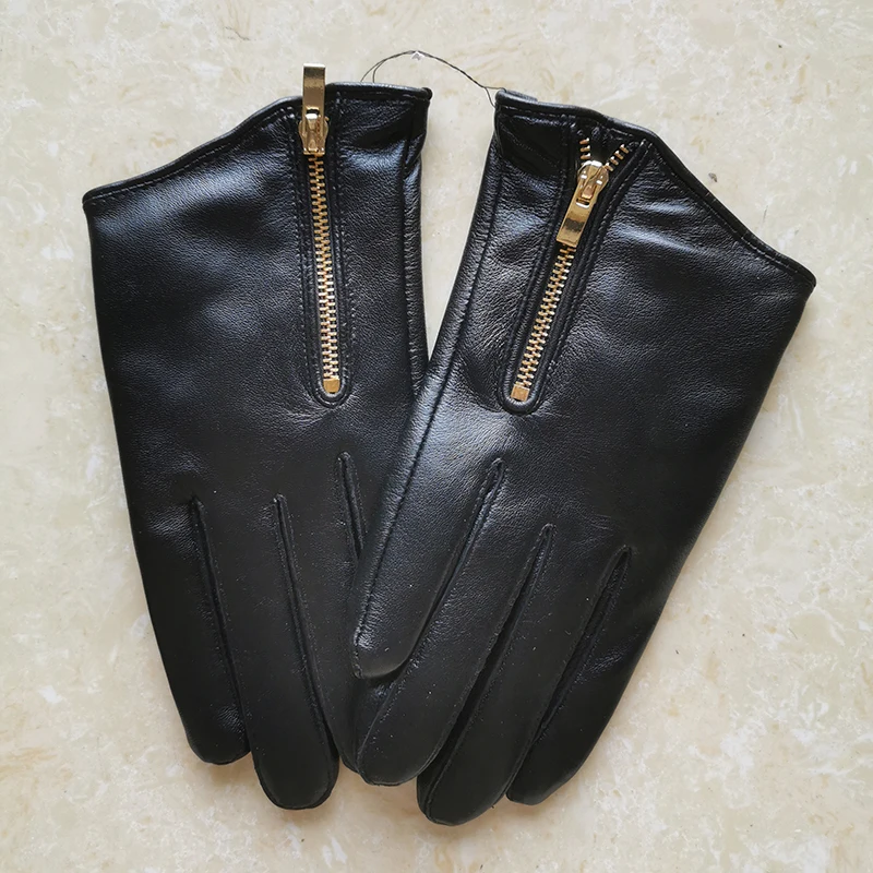 Genuine Leather Women Gloves Female Five Finger Sheepskin Gloves Short Style Fashion Elegant Zipper Design Black Red Color TB10