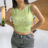 woman vest fashion water ripple print sleeveless tops o collar tight 2021 summer all match small vest lady i shape vest