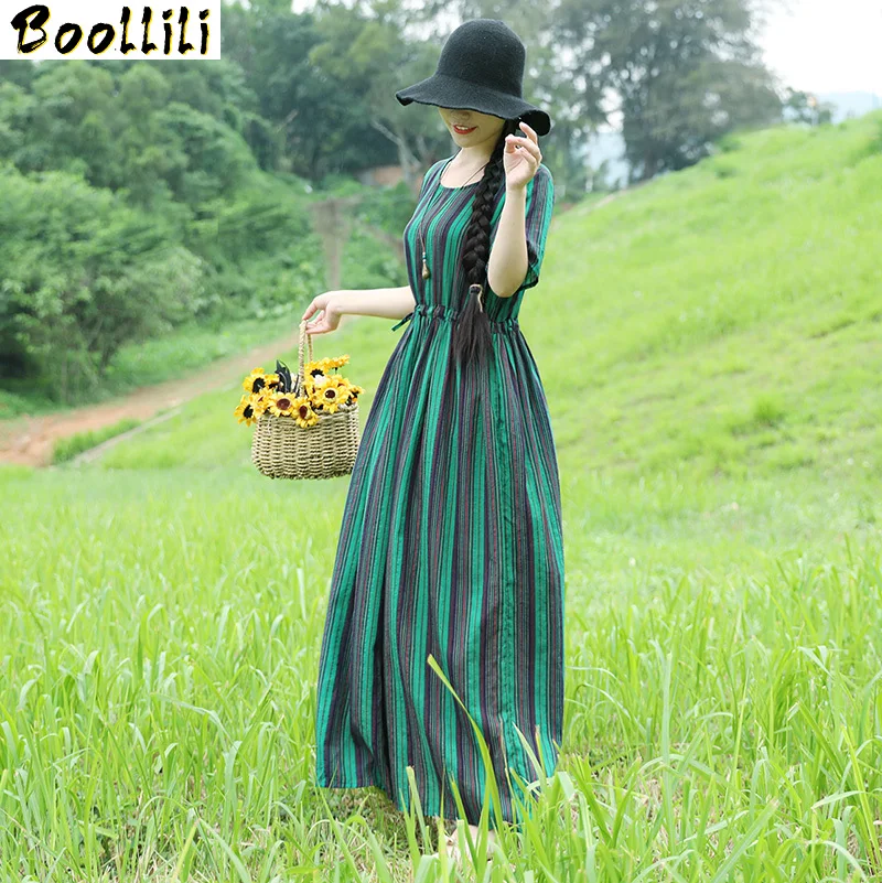 Женское длинное платье в полоску Boollili хлопковое повседневное пляжное винтажное