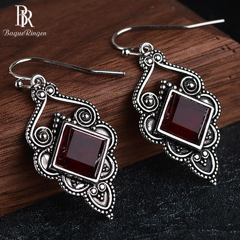 Bague Ringen, Ретро стиль, тайское серебро, 925 ювелирные изделия, серьги с драгоценными камнями для женщин, квадратные, рубиновые, благоприятные облака, вечерние, аксессуары, подарок