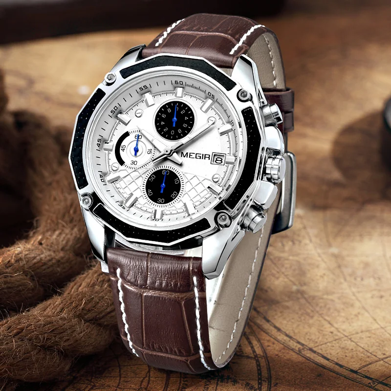 

MEGIR Brand Quartz Men Watches Fashion Genuine Leather Chronograph Watch Clock for Gentle Men Male Students Reloj Hombre M2015G