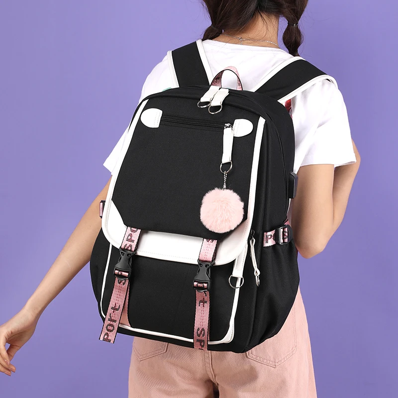 Студенческие школьные сумки для девочек-подростков, большой Usb рюкзак для женщин, модный лоскутный нейлоновый черный рюкзак, большая школьн...
