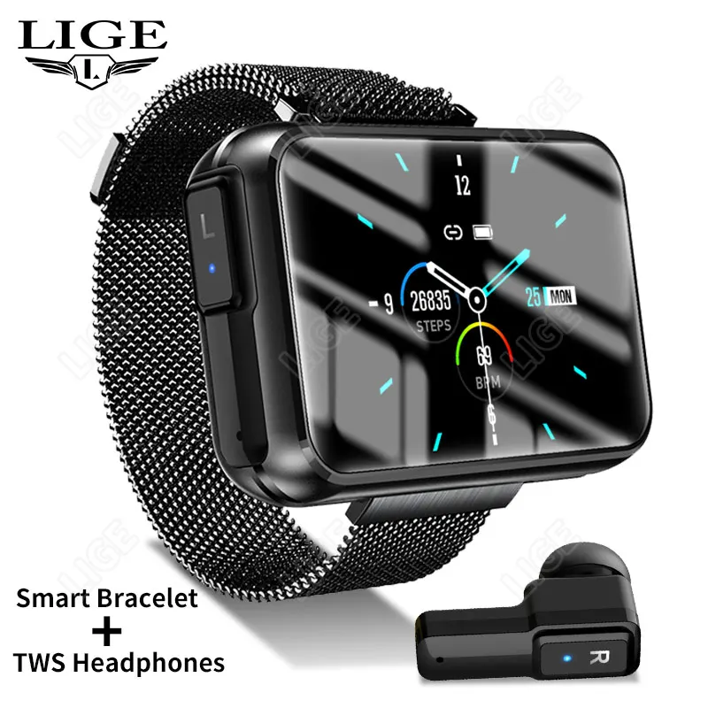 LIGE 2in1 TWS наушники Смарт-часы Для мужчин Беспроводная Bluetooth-гарнитура Smartwatch Call